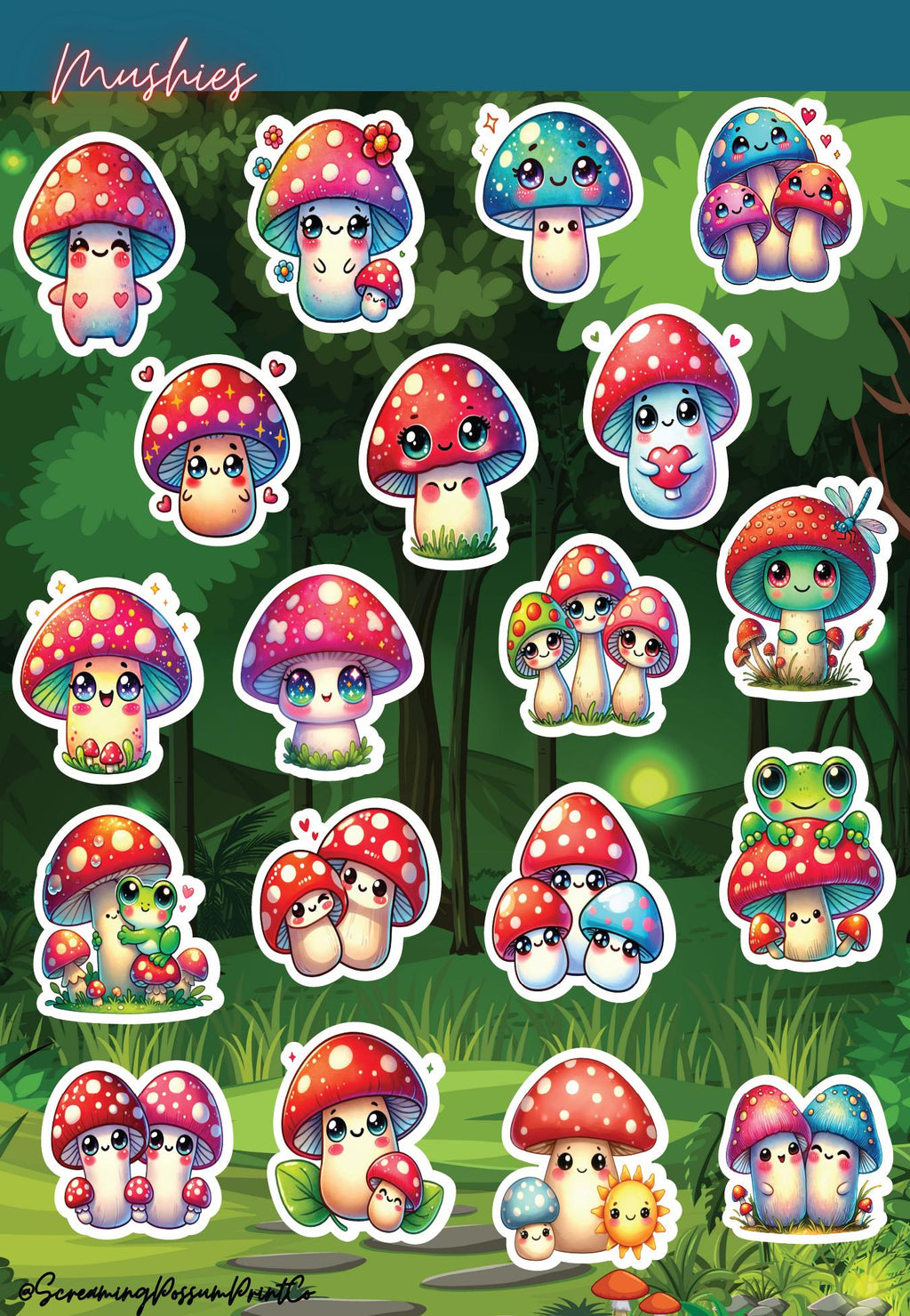 Kawaii Mushroom Sticker Sheet: Waterproof Vinyl Stickers