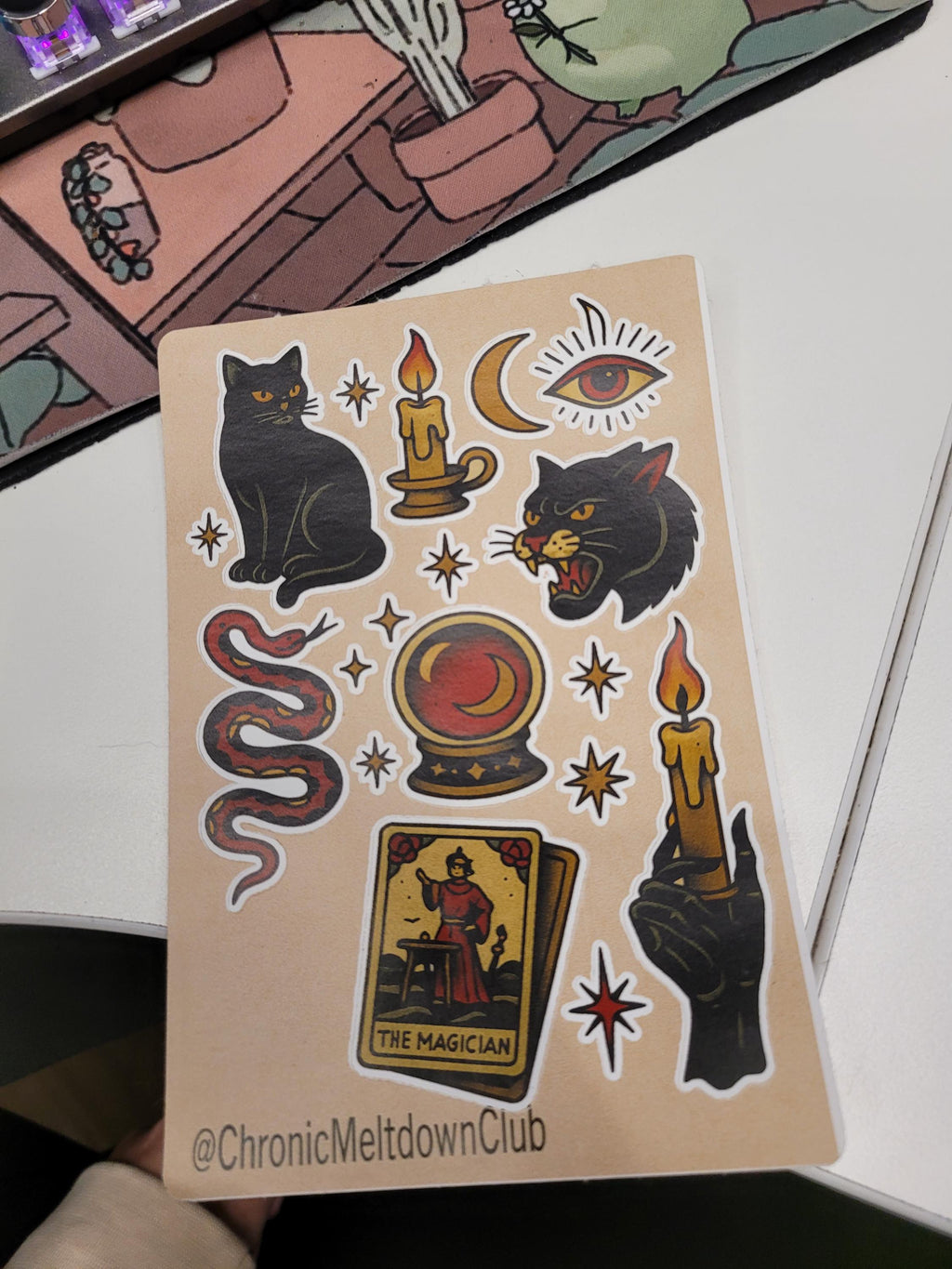 Witchy Tattoo Flash Sticker Sheet: Occult Cats, snake, Tarot, Stars