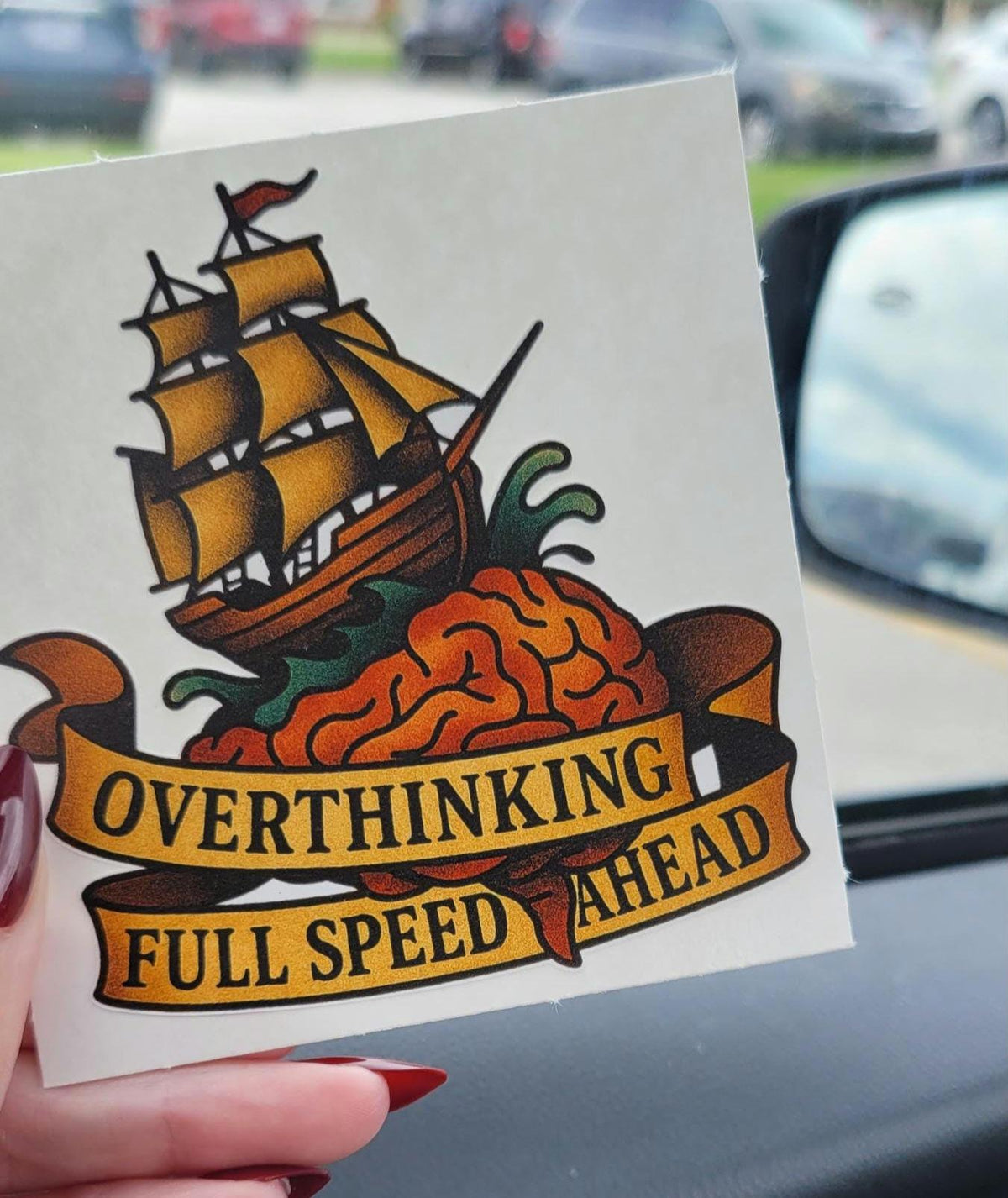 Funny Overthinking Sticker: Brain Ship Tattoo Vinyl Decal