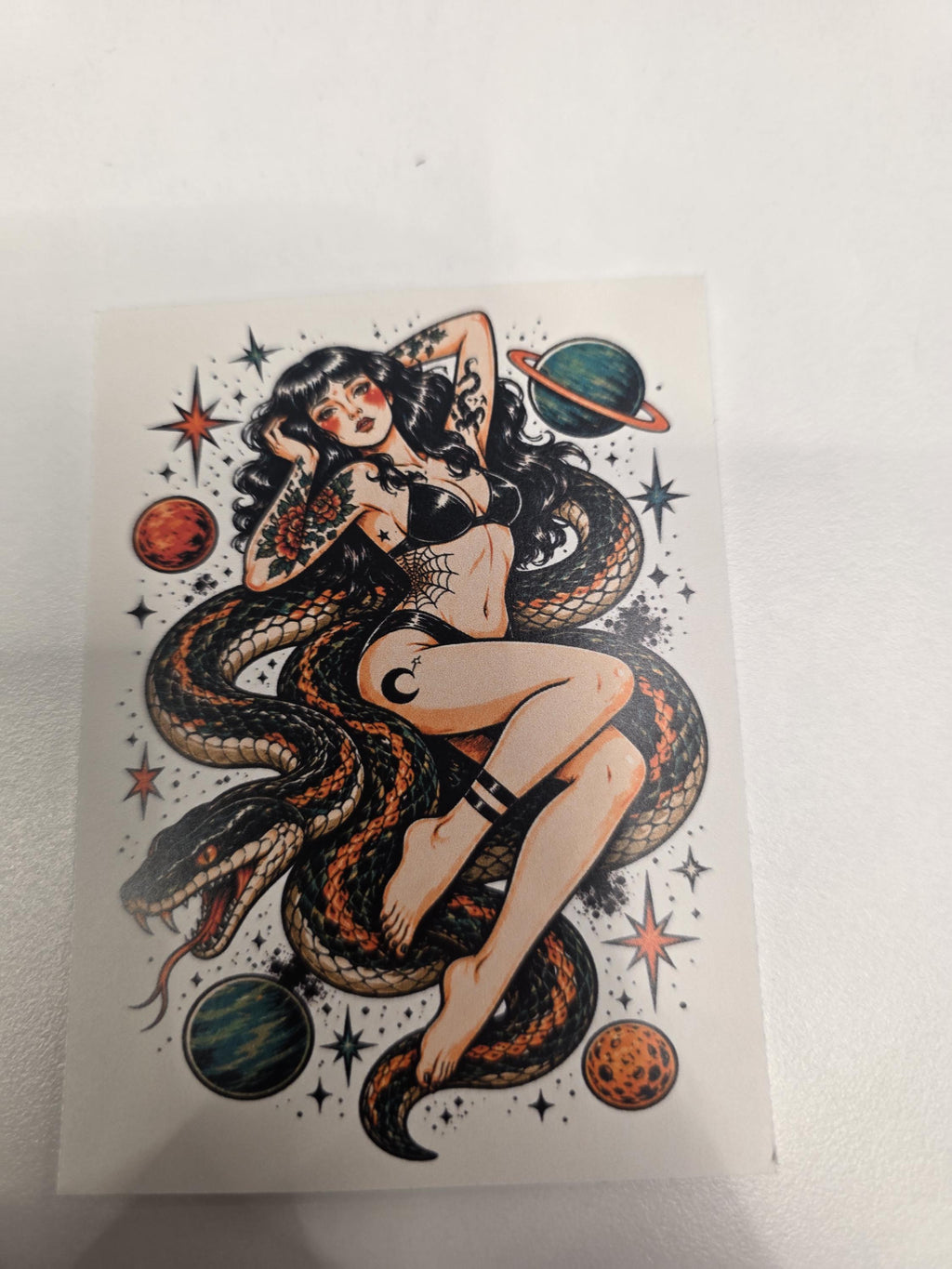 Cosmic Snake Goddess Sticker | Tattoo Flash Pin-Up Vinyl Sticker | Witchy Space Babe Art | Dark Feminine Traditional Tattoo Style Decal
