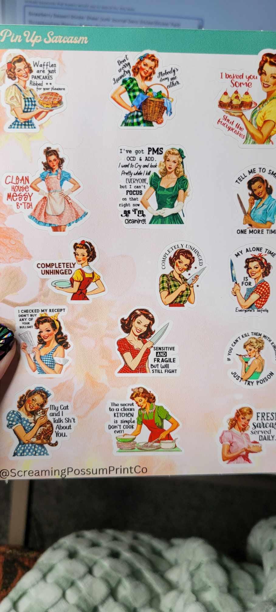 Retro Pin-Up Sarcastic Sticker Sheet: Waterproof Vinyl Stickers
